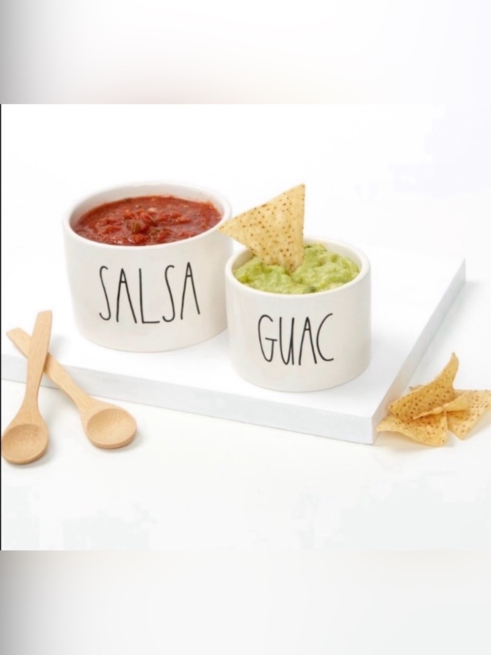 Rae Dunn White Ceramic ‘Salsa’ & ‘Guac’ Dip Bowls with Wooden Spoons